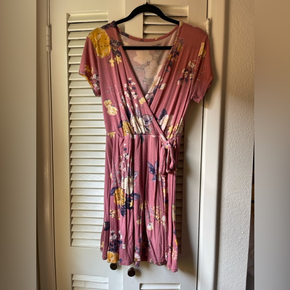 Pink Floral Cotton Casual Mini Dress (Size Medium)